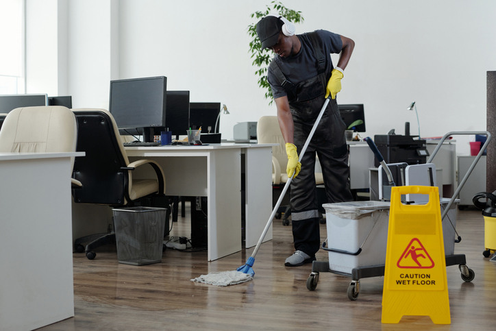 A janitor in uniform mopping wood floors in an office with a yellow "caution wet floor" sign, illustrating what is commercial cleaning.