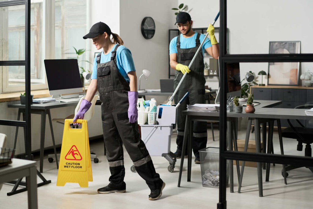 Commercial cleaning team working in an office environment illustrating commercial cleaning vs residential cleaning differences in equipment and safety practices.