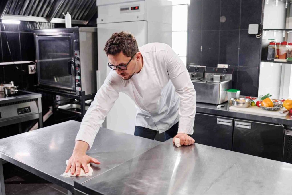 Restaurant cleaning in progress as a commercial kitchen employee sanitizes stainless steel work surfaces to maintain food safety and hygiene standards.