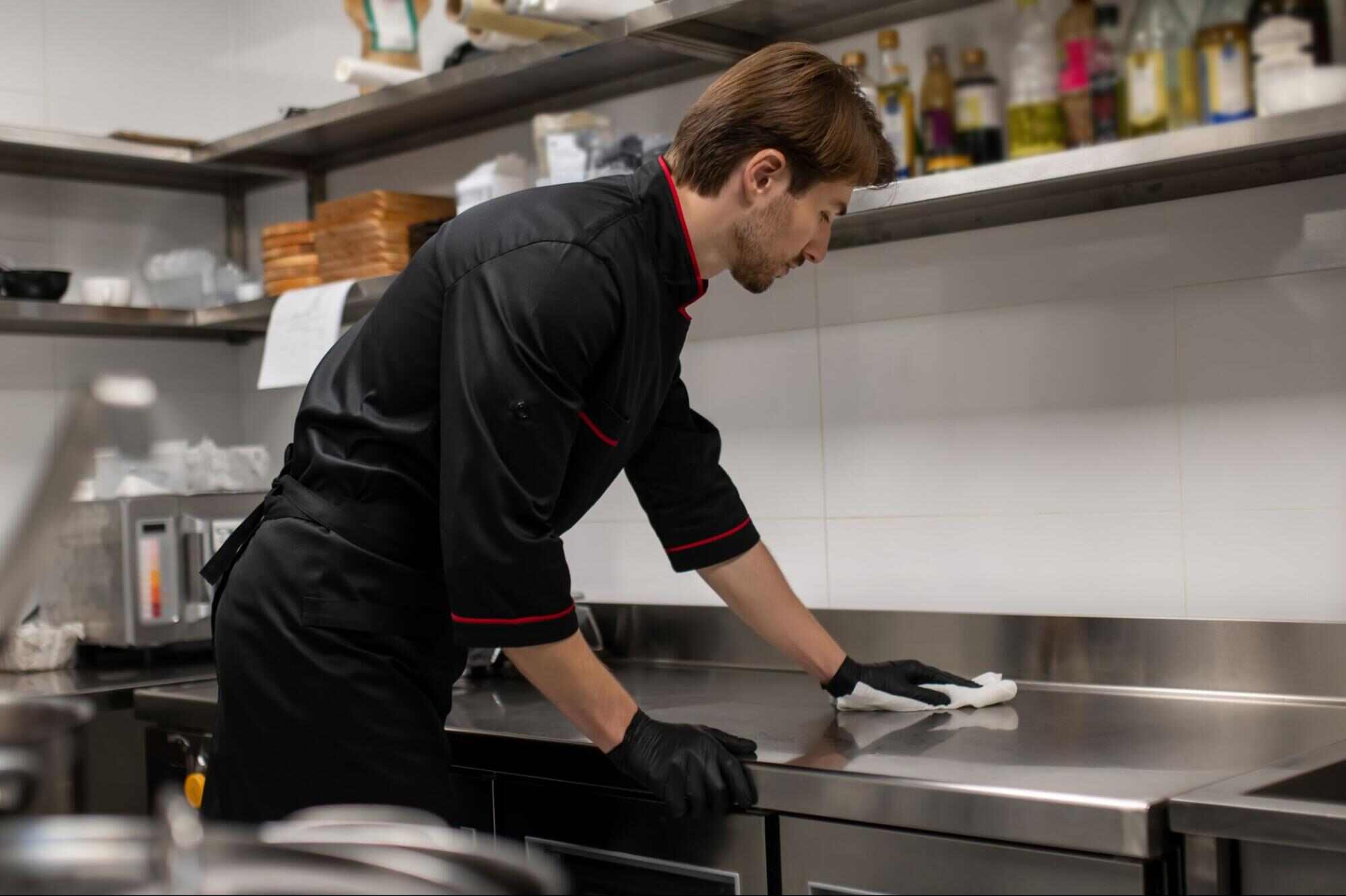 Restaurant employee cleaning a stainless steel work surface while following a commercial kitchen cleaning checklist.