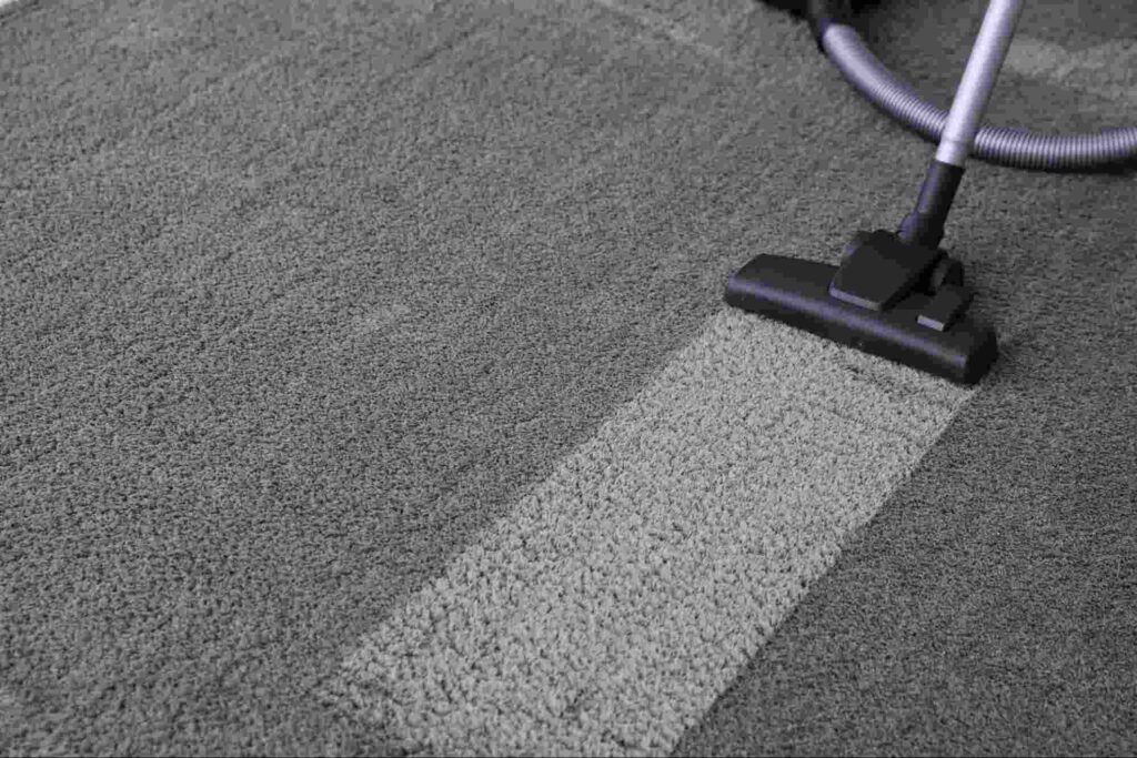 Vacuum cleaning a commercial carpet as part of an industrial carpet cleaning program to remove embedded dirt and dust.