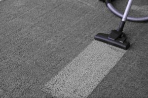 Vacuum cleaning a commercial carpet as part of an industrial carpet cleaning program to remove embedded dirt and dust.