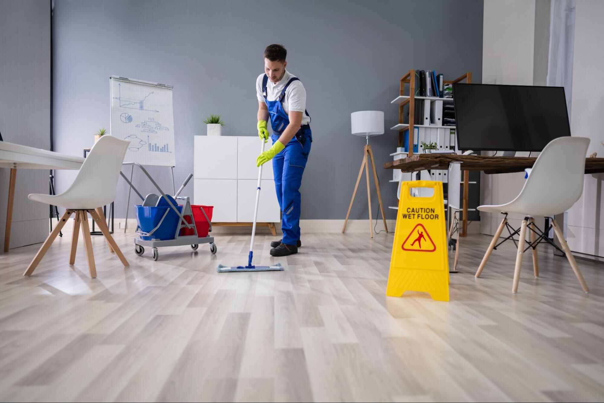 Professional cleaner demonstrating how to deep clean laminate floors in a commercial office using a microfiber mop and controlled moisture.